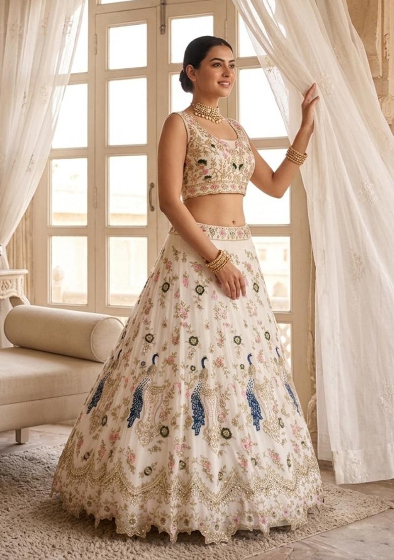Cream Embroidered Georgette Lehenga Set - Indya