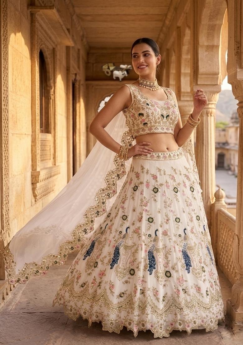 Cream Embroidered Georgette Lehenga Set - Indya