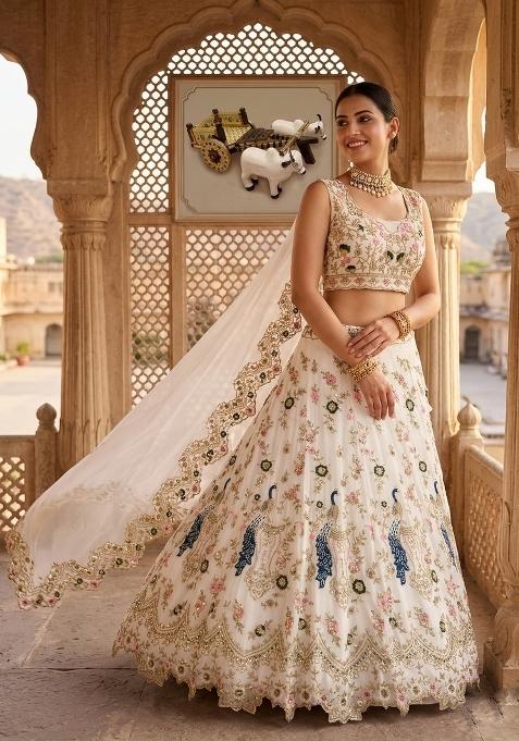 Cream Embroidered Georgette Lehenga Set