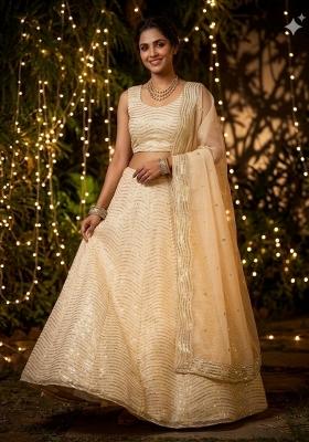 Dark Cream Sequin Work Silk Lehenga Set