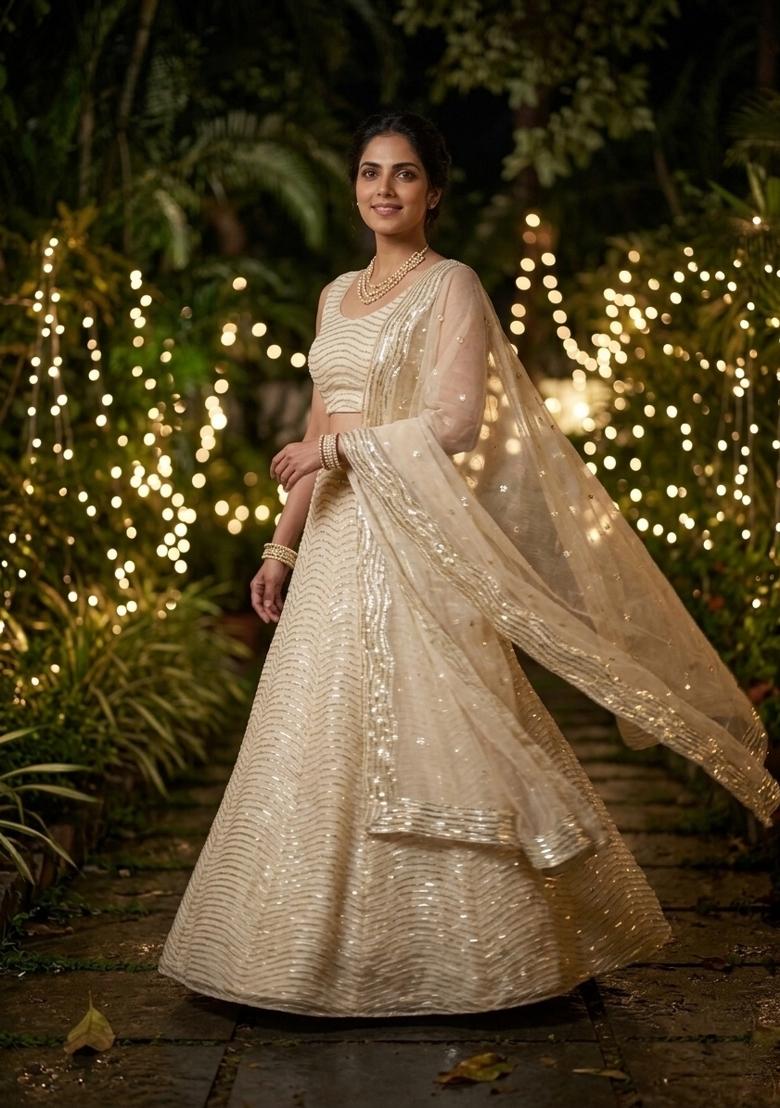 Dark Cream Sequin Work Silk Lehenga Set - Indya