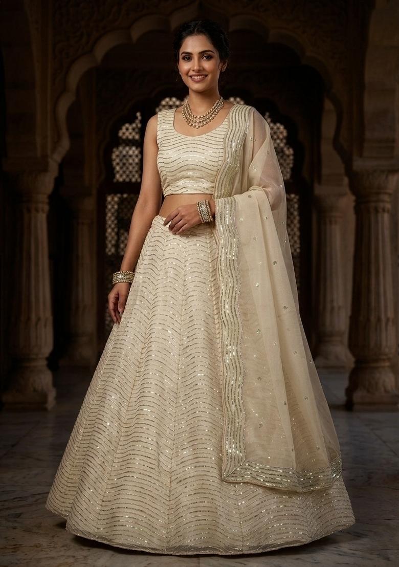 Dark Cream Sequin Work Silk Lehenga Set - Indya