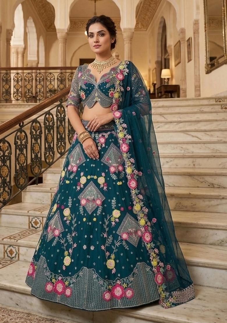 Teal Blue Embroidered Net Lehenga Set - Indya