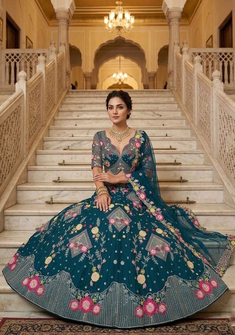 Teal Blue Net Lehenga Set with Embroidered for Diwali | Wedding & Festive Wear - Indya