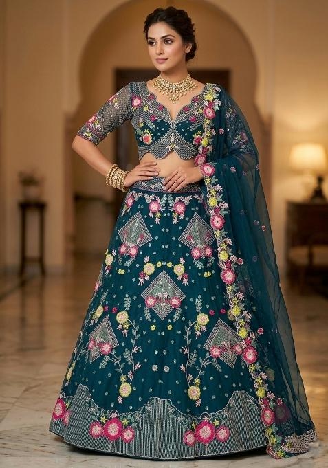 Teal Blue Embroidered Net Lehenga Set