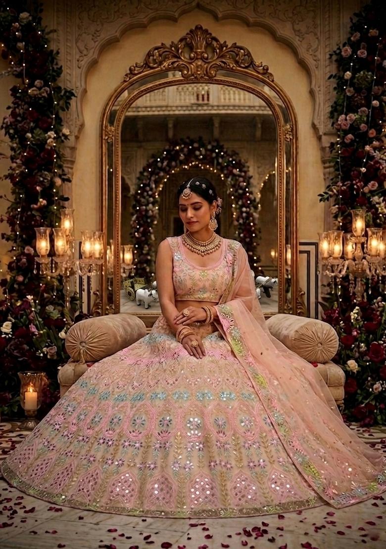 Light Pink Embroidered Net Lehenga Set - Indya
