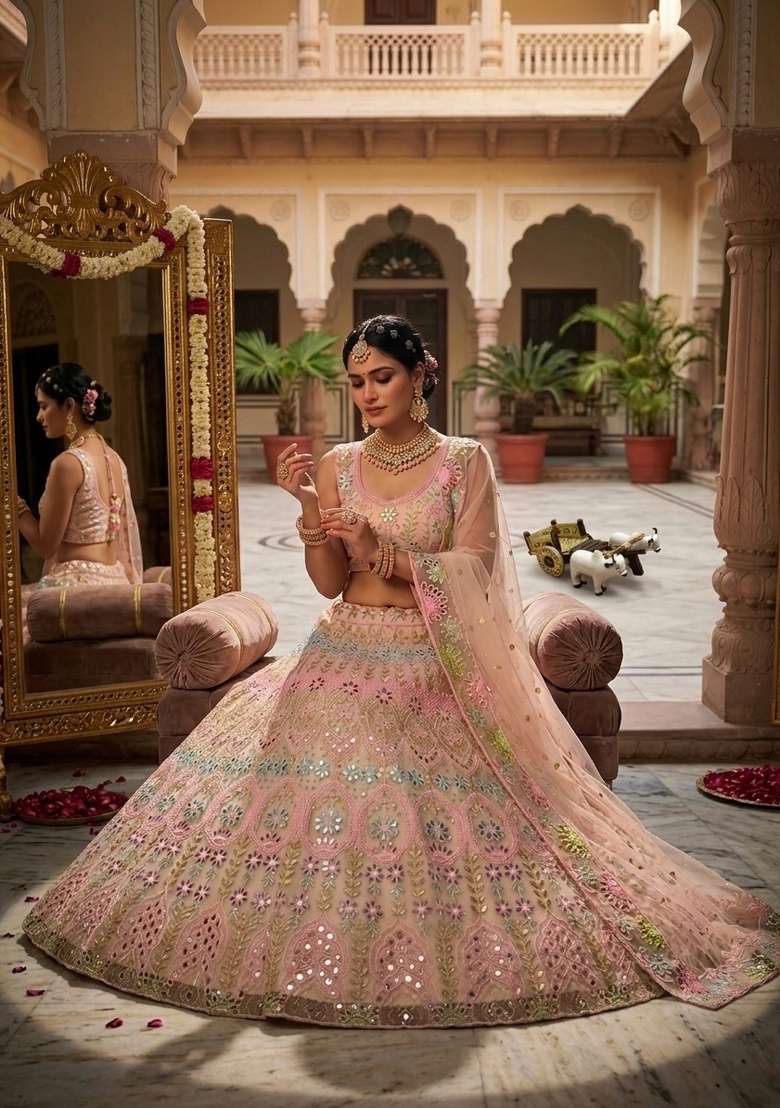 Light Pink Net Lehenga Set with Embroidered for Diwali | Wedding & Festive Wear - Indya