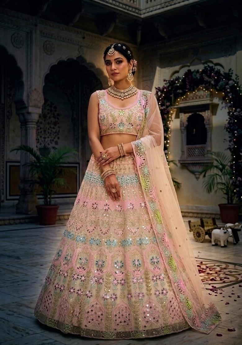 Light Pink Embroidered Net Lehenga Set - Indya