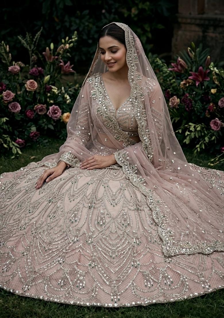 Peach Sequin Work Net Lehenga Set - Indya