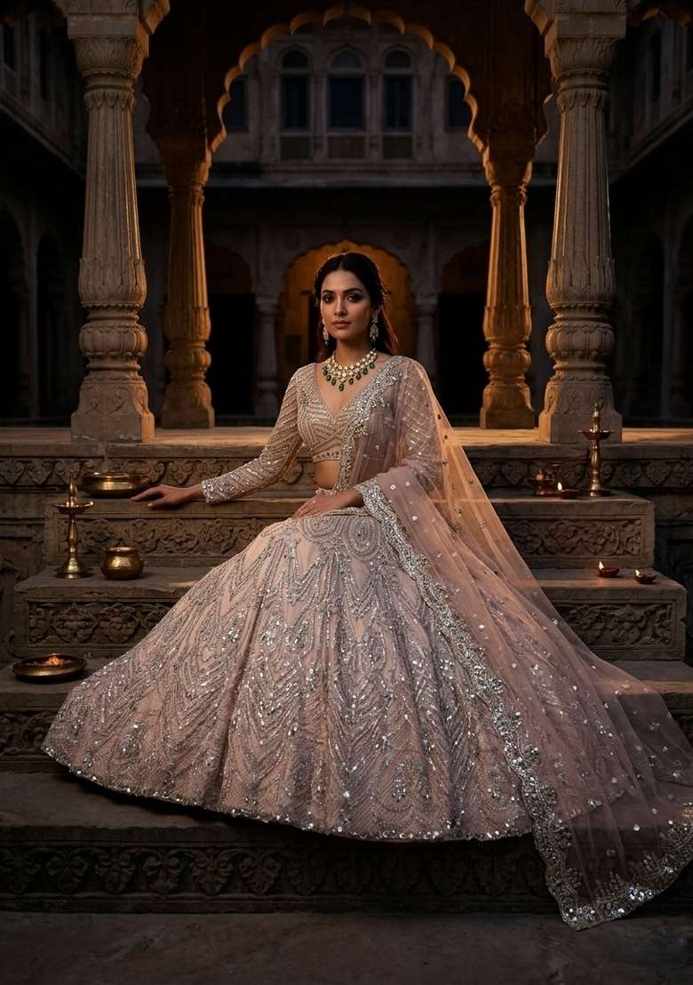 Peach Work Net Lehenga Set with Sequin for Diwali | Wedding & Festive Wear - Indya