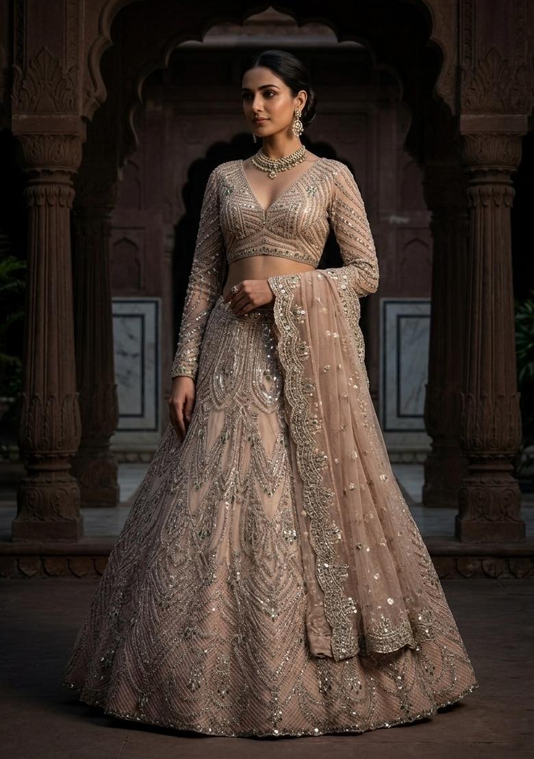 Peach Sequin Work Net Lehenga Set - Indya