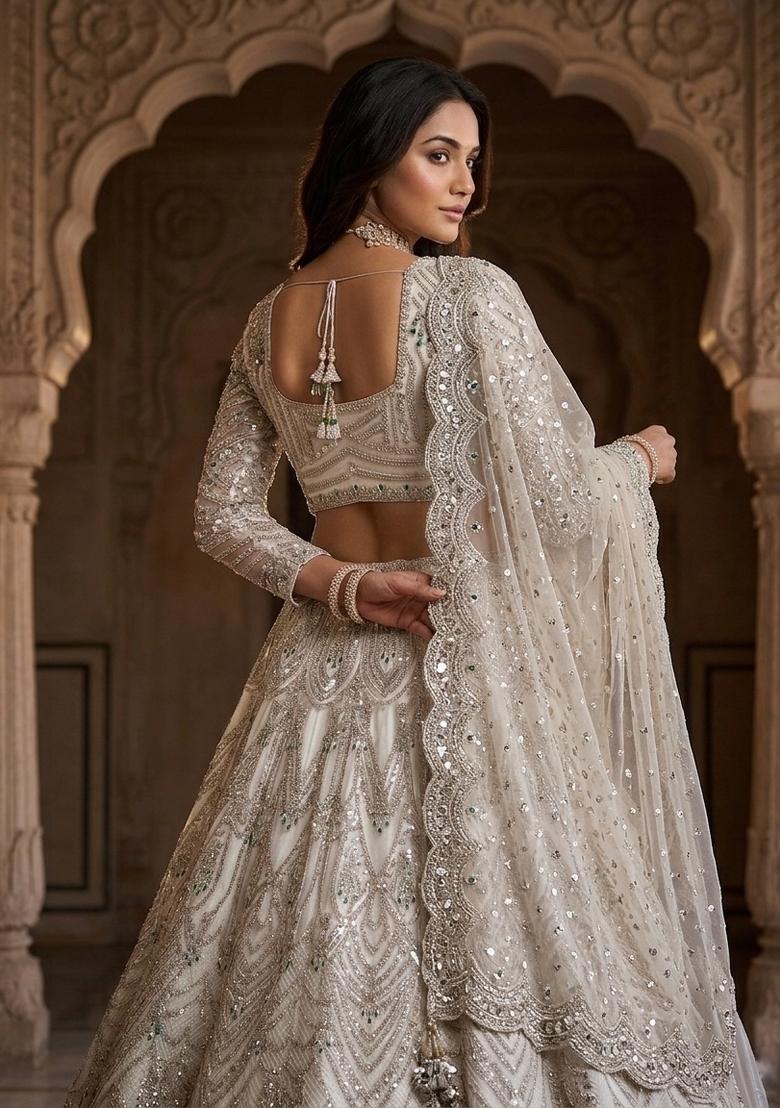 Off White Sequin Work Net Lehenga Set - Indya