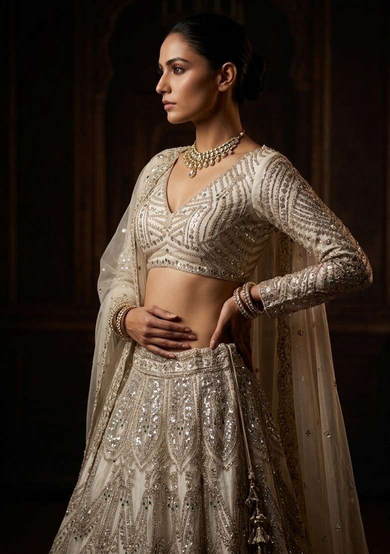 Off White Sequin Work Net Lehenga Set for Diwali and Festive Wear - Indya