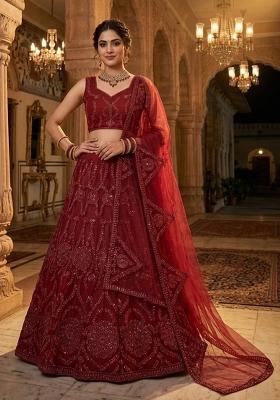 Red Sequin Work Net Lehenga Set