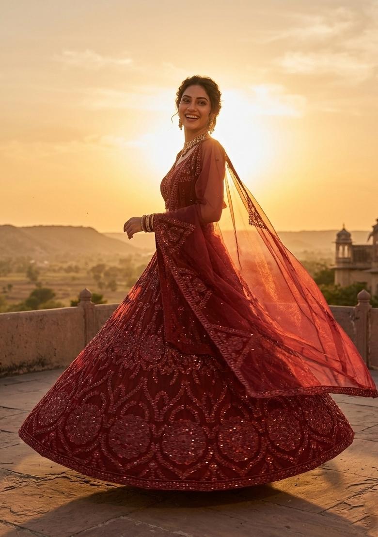 Red Sequin Work Net Lehenga Set - Indya