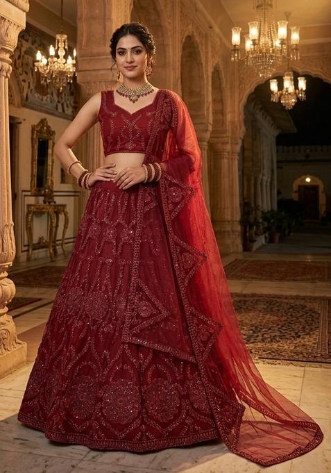 Red Sequin Work Net Lehenga Set