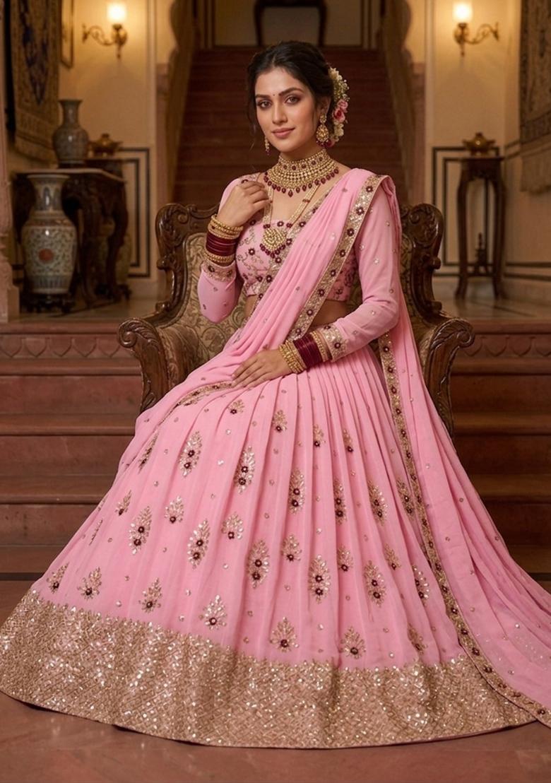 Pink Embroidered Georgette Lehenga Set - Indya