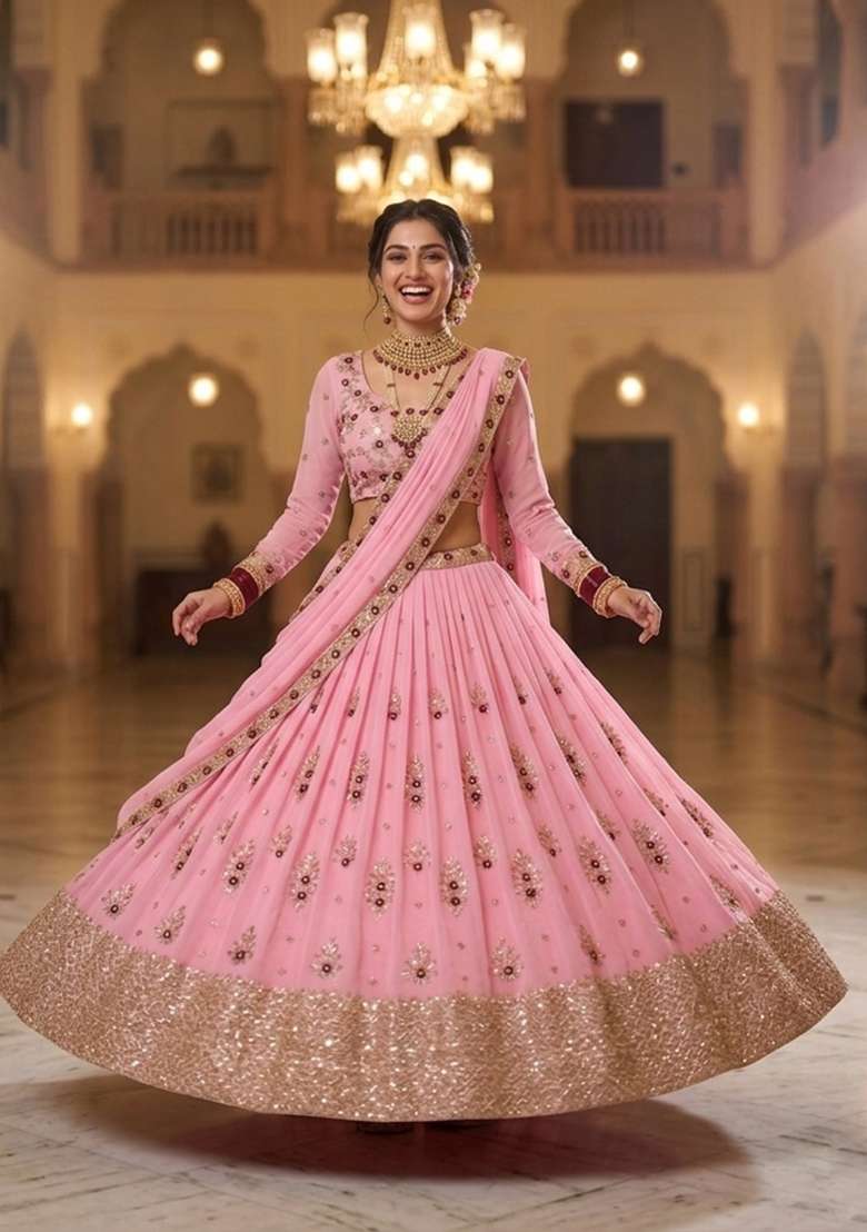 Pink Embroidered Georgette Lehenga Set for Diwali and Festive Wear - Indya