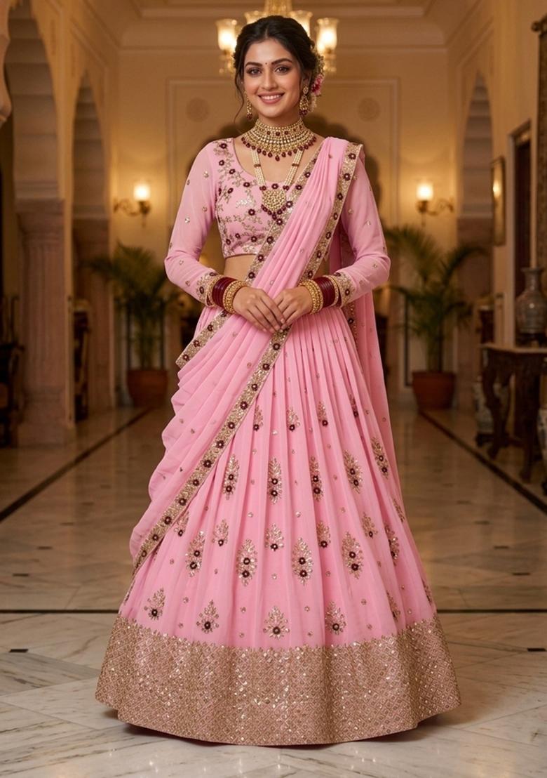 Pink Embroidered Georgette Lehenga Set - Indya