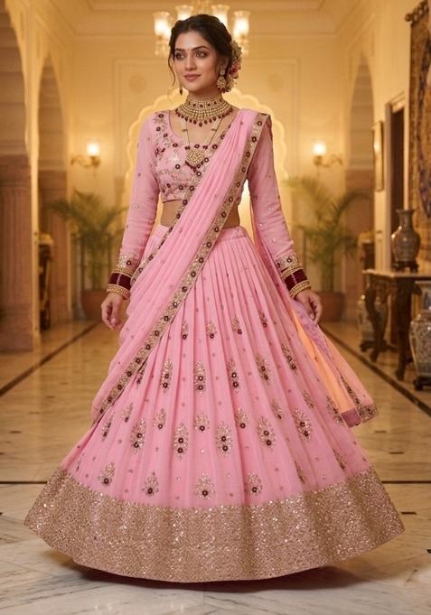 Pink Embroidered Georgette Lehenga Set