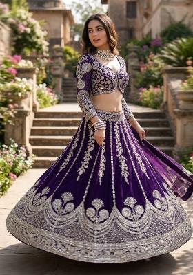 Purple Embroidered Georgette Lehenga Set