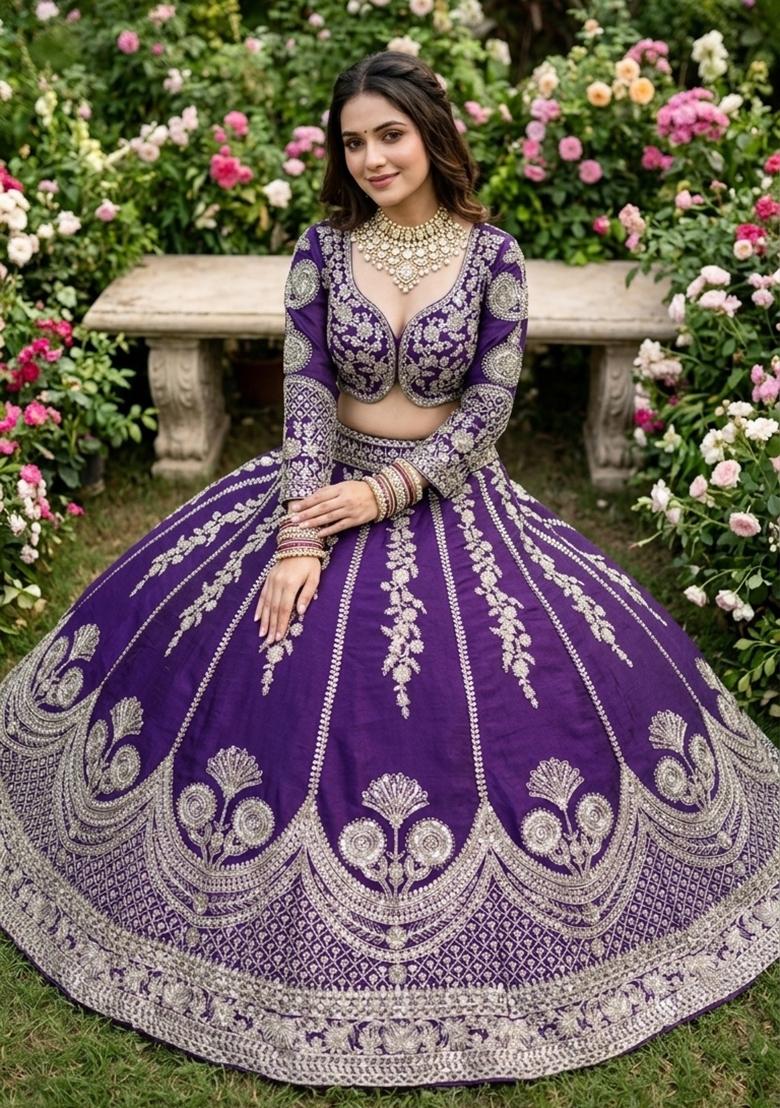 Purple Embroidered Georgette Lehenga Set - Indya