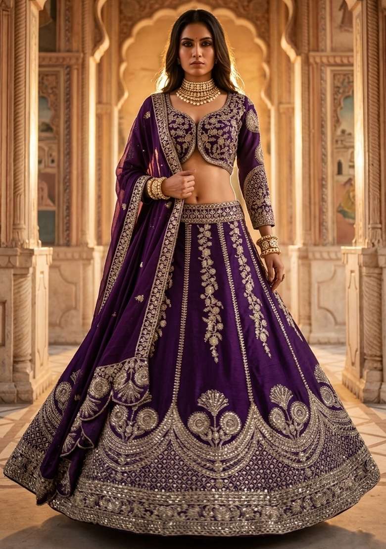 Purple Embroidered Georgette Lehenga Set for Diwali and Festive Wear - Indya