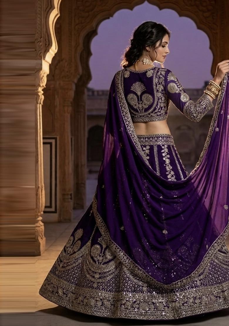 Purple Embroidered Georgette Lehenga Set - Indya