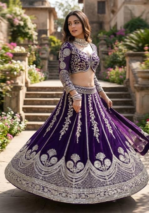 Purple Embroidered Georgette Lehenga Set