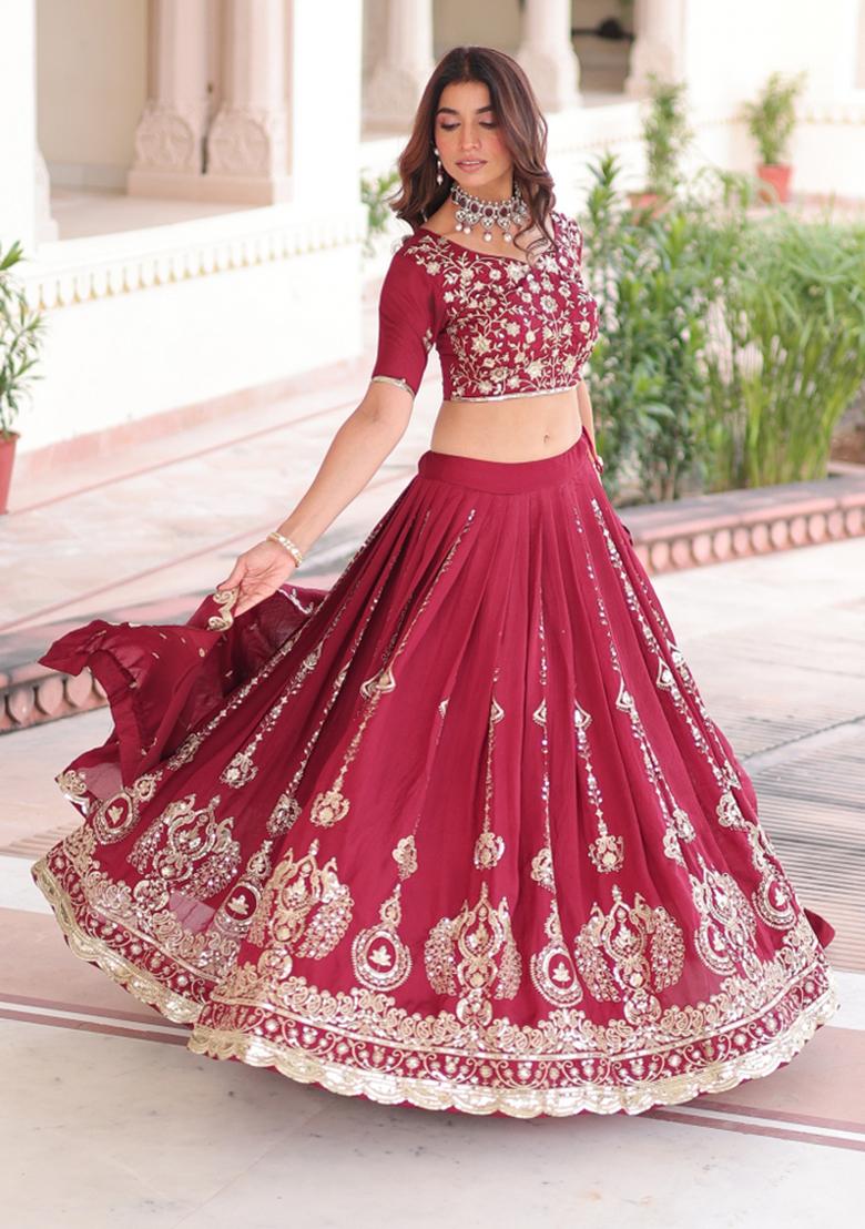 Magenta Embroidered Silk Lehenga Set - Indya