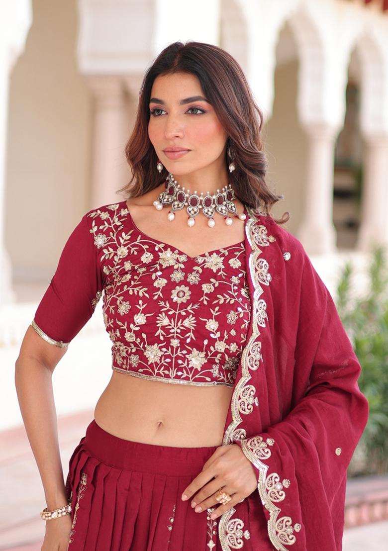 Magenta Embroidered Silk Lehenga Set - Indya