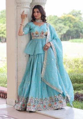 Sky Blue Embroidered Gold Crush Lehenga Set