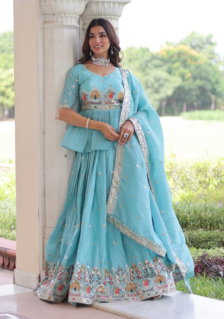 Sky Blue Embroidered Gold Crush Lehenga Set - Indya
