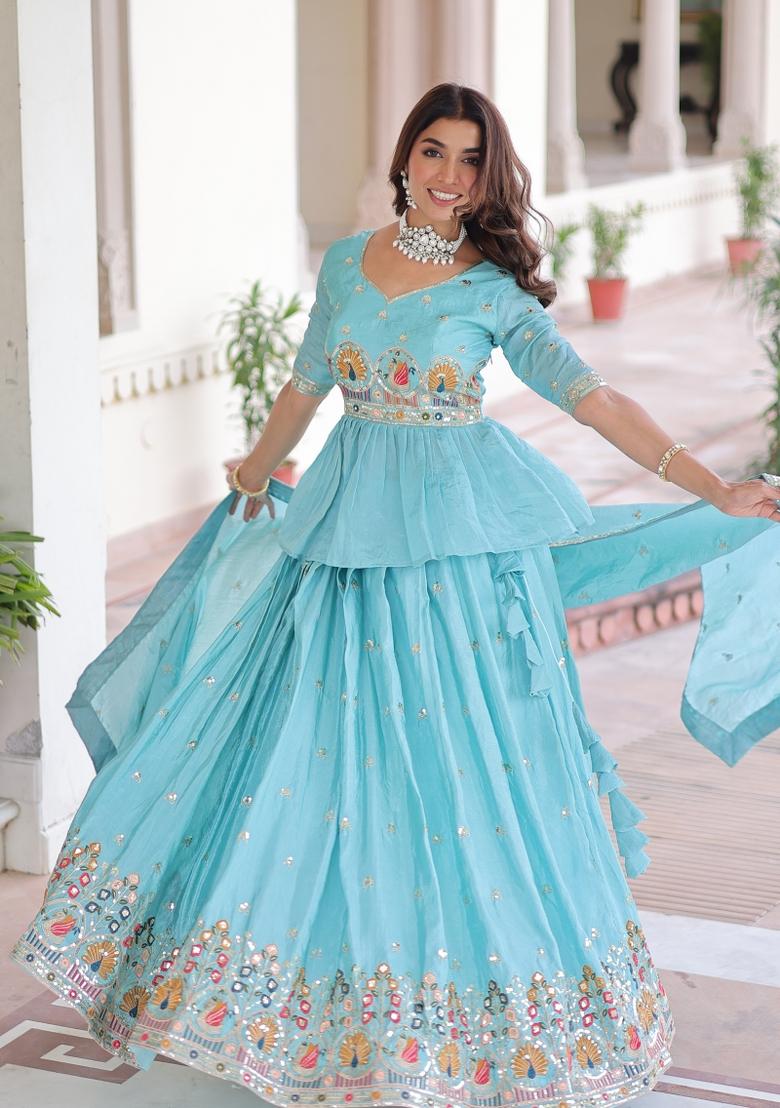 Sky Blue Embroidered Gold Crush Lehenga Set - Indya