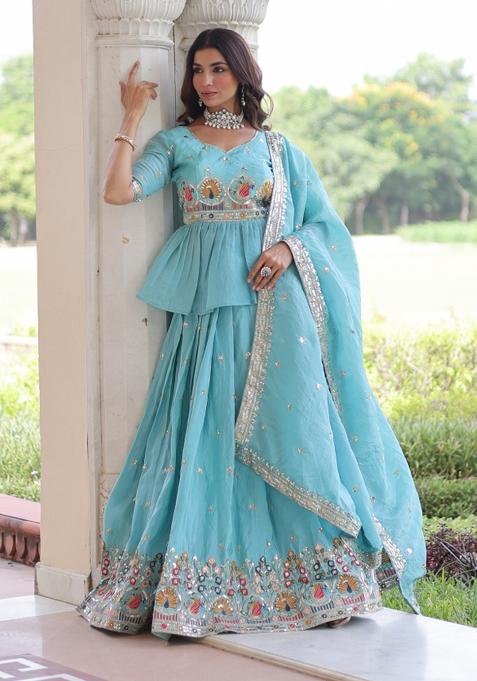 Sky Blue Embroidered Gold Crush Lehenga Set