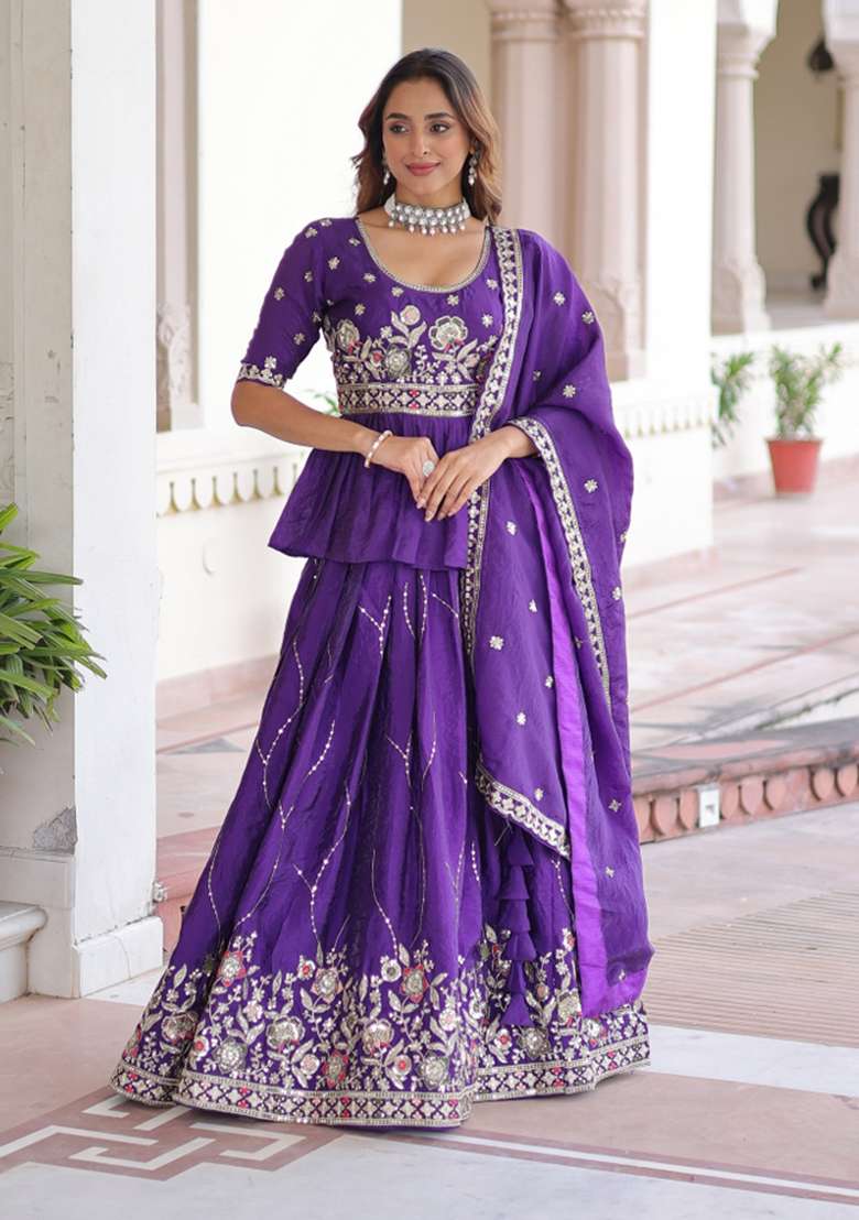 Purple Gold Crush Lehenga Set with Embroidered for Diwali | Wedding & Festive Wear - Indya