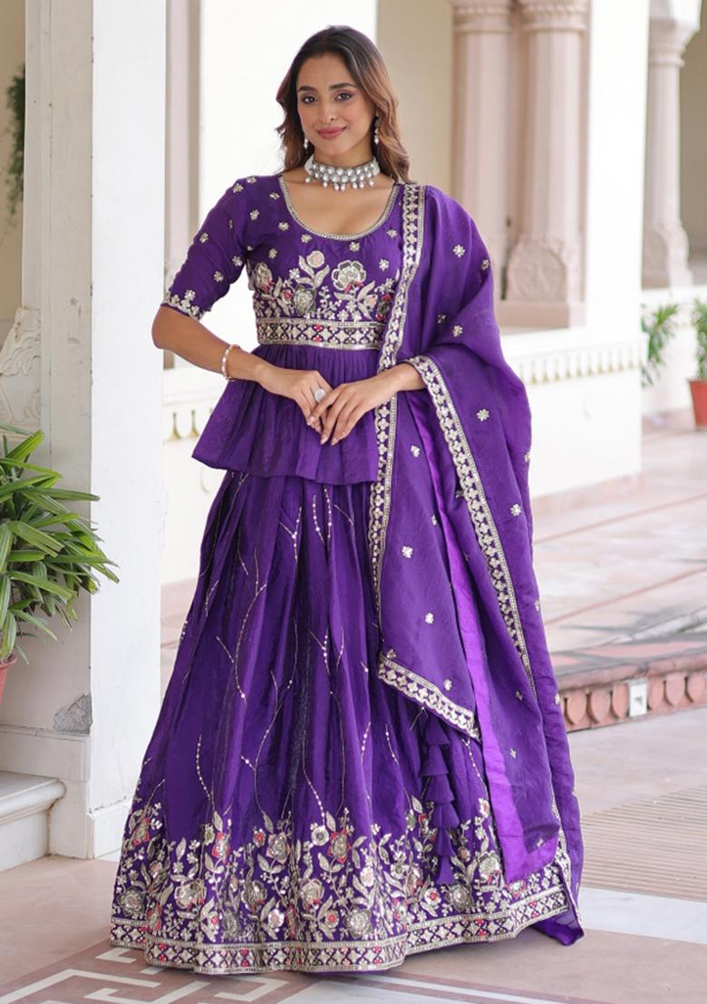 Purple Embroidered Gold Crush Lehenga Set - Indya