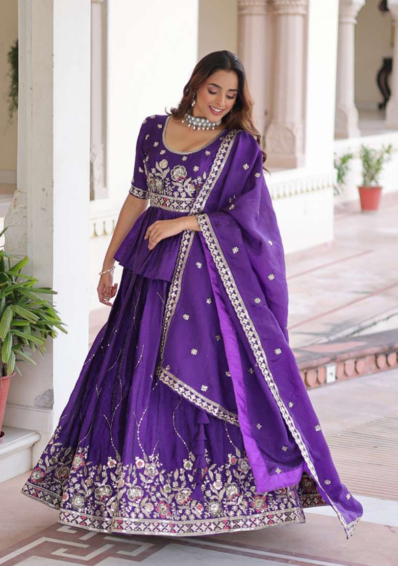 Purple Gold Crush Lehenga Set with Embroidered for Diwali | Wedding & Festive Wear - Indya