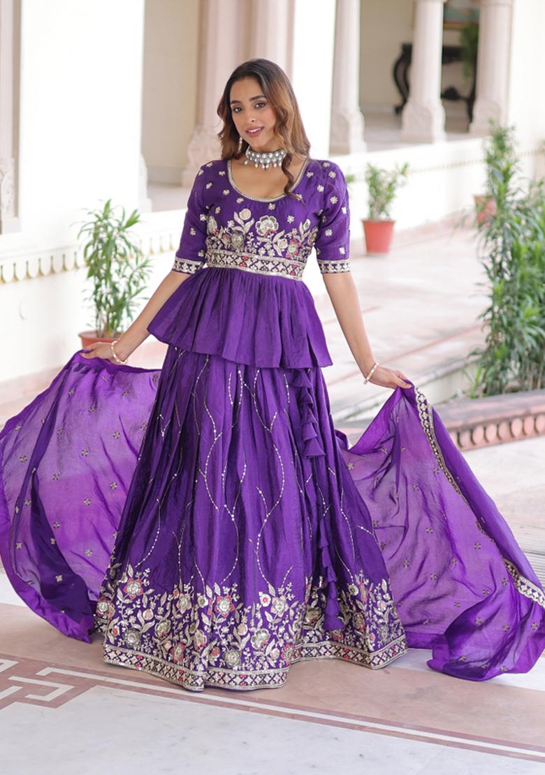 Purple Embroidered Gold Crush Lehenga Set - Indya