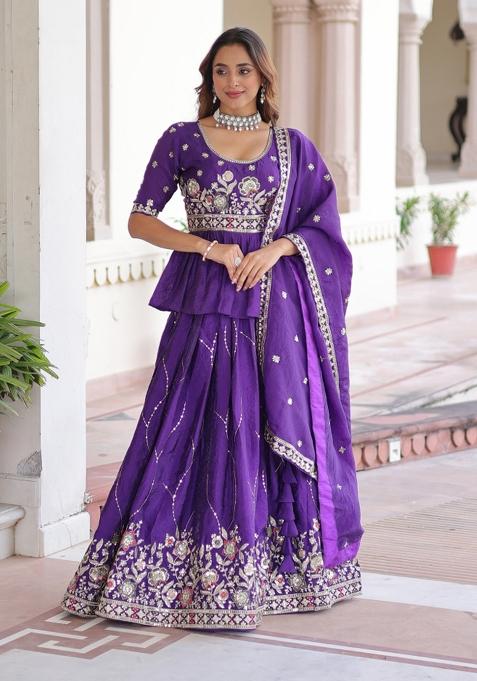 Purple Embroidered Gold Crush Lehenga Set