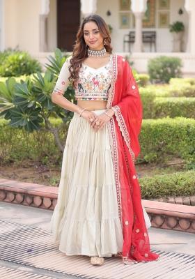 Natural Off White Embroidered Silk Lehenga Set