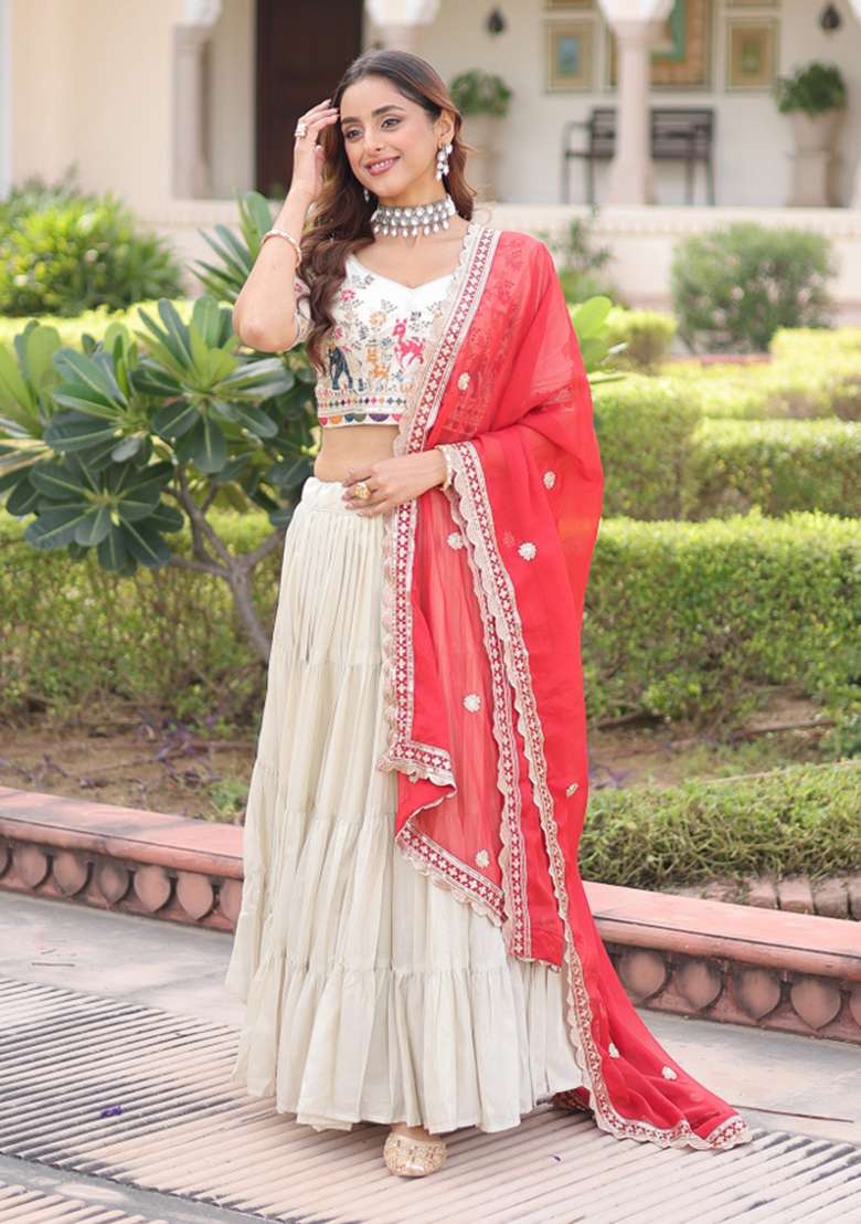 Natural Off White Silk Lehenga Set with Embroidered for Diwali | Wedding & Festive Wear - Indya
