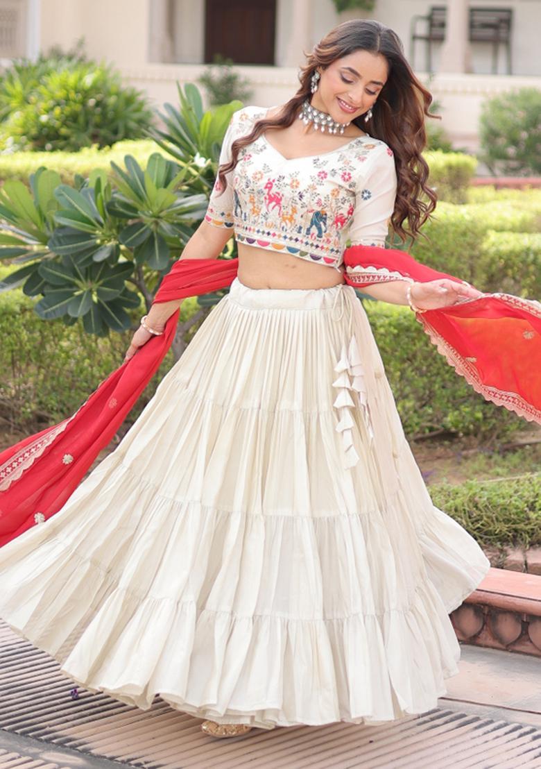 Natural Off White Embroidered Silk Lehenga Set - Indya