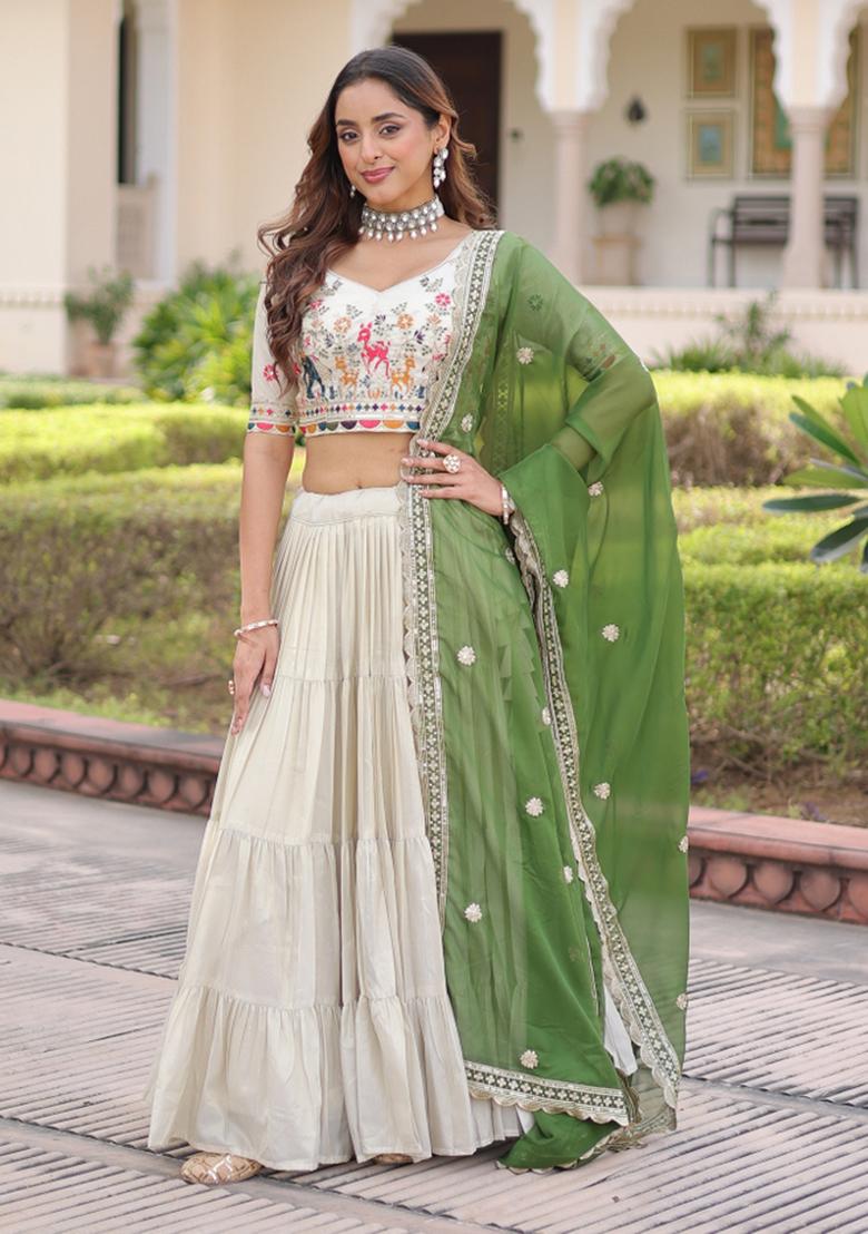 Natural Off White Embroidered Silk Lehenga Set - Indya
