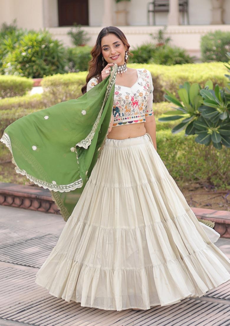 Natural Off White Embroidered Silk Lehenga Set - Indya