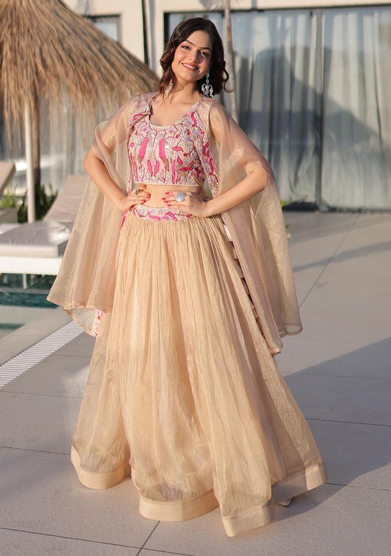 Dark Cream Beads Work Silk Lehenga Set - Indya