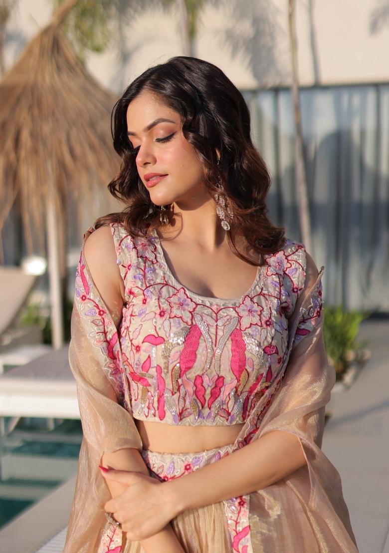 Dark Cream Beads Work Silk Lehenga Set - Indya