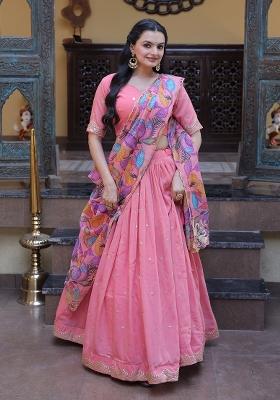 Peach Embroidered Silk Lehenga Set