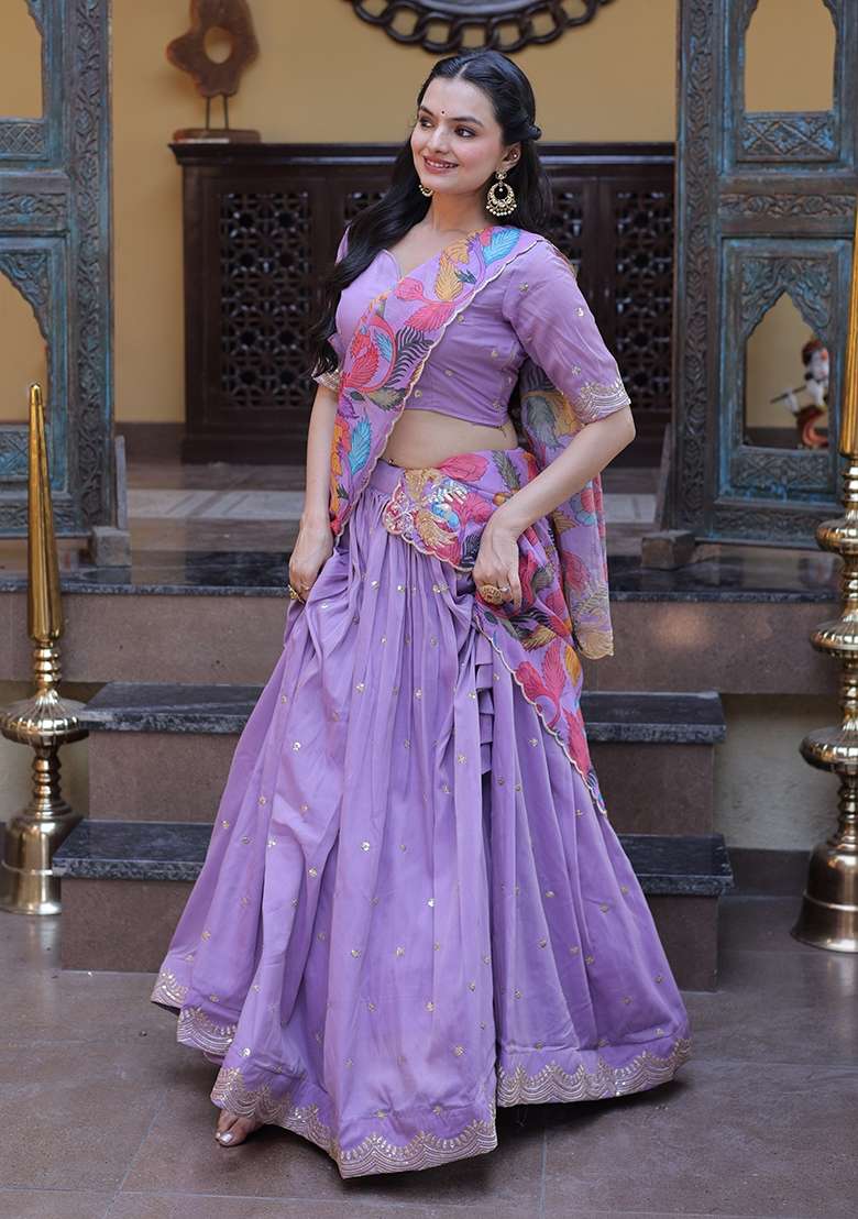Purple Silk Lehenga Set with Embroidered for Diwali | Wedding & Festive Wear - Indya