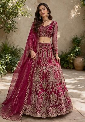 Magenta Embroidered Net Lehenga Set